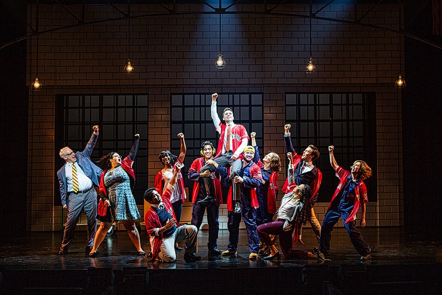 (far left) John Dossett as Stone and (center) Matt Doyle as Bobby with the cast of The Heart of Rock & Roll, running September 6 – October 21, 2018 at The Old Globe. Photo by Jim Cox. 