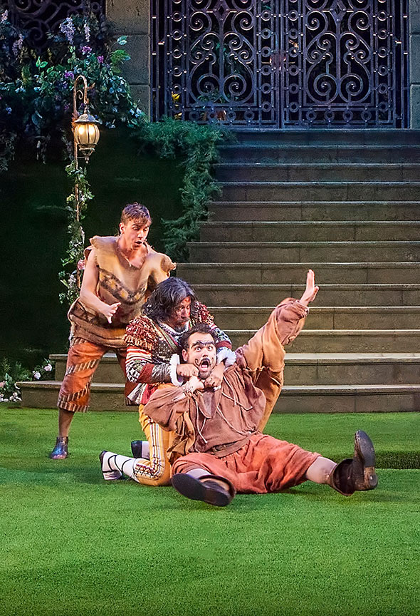 (from left) Daniel Petzold as Moth, Triney Sandoval as Don Adriano de Armado, and Greg Hildreth as Costard in William Shakespeare's Love's Labor's Lost, directed by Kathleen Marshall, running August 14 - September 18, 2016 at The Old Globe. Photo by Jim Cox.