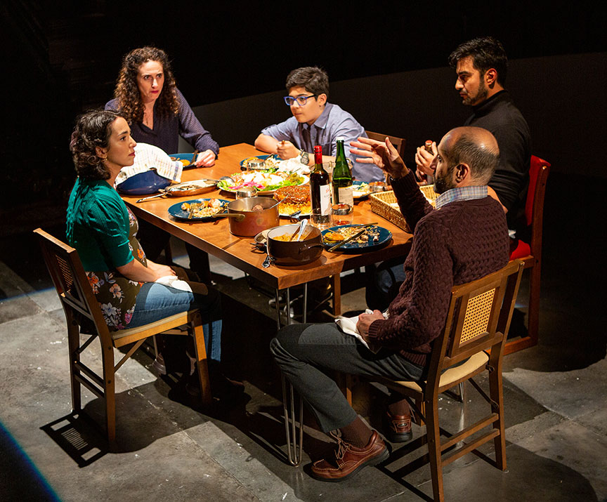 Isra Elsalihie as Maryam, Lameece Issaq as Noura/Nora, Giovanni Cozic as Yazen/Alex, Fajer Kaisi as Rafa'a, and Mattico David as Tareq/Tim. Noura, by Heather Raffo,  and directed by Johanna McKeon, runs September 20 – October 20, 2019 at The Old Globe. Photo by Jim Cox.