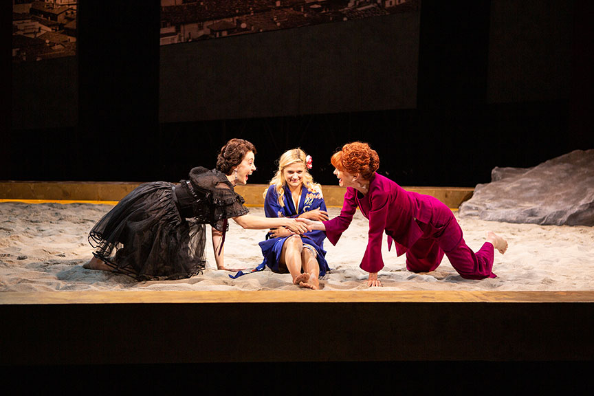 (from left) Sofia Jean Gomez as Lady Capulet, Louisa Jacobson as Juliet, and Candy Buckley as Nurse. Romeo and Juliet, by William Shakespeare and directed by Barry Edelstein, runs August 11 – September 15, 2019 at The Old Globe. Photo by Jim Cox.