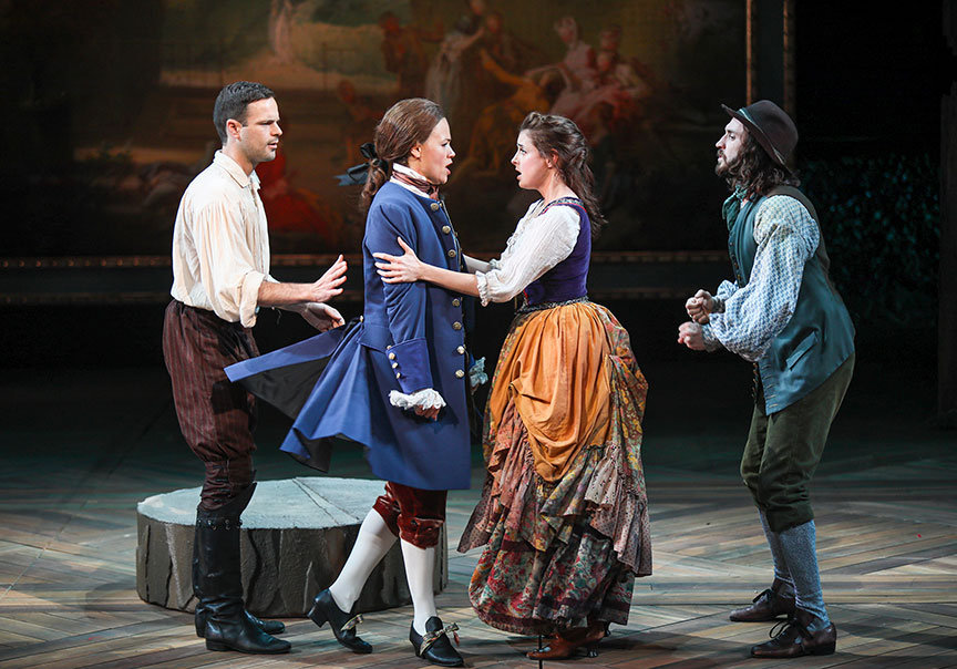 Jon Orsini as Orlando, Meredith Garretson as Ganymede, Morgan Taylor as Phoebe, and Mason Conrad as Silvius in As You Like It, by William Shakespeare, directed by Jessica Stone, running June 16 – July 21, 2019 at The Old Globe. Photo by Jim Cox.