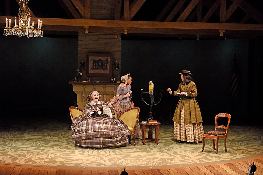 (from left) Sally Nystuen Vahle as Aunt March, Lilli Hokama as Amy March, and Pearl Rhein as Jo March. The West Coast premiere of Little Women by Kate Hamill, directed by Sarah Rasmussen, presented in association with Dallas Theater Center, runs March 14 – April 19, 2020 at The Old Globe. Photo by Karen Almond.