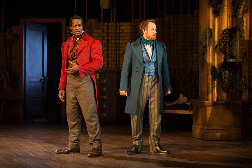 (from left) Albert Jones as Ira Aldridge and Sean Dugan as Pierre Laporte in Lolita Chakrabarti’s Red Velvet, directed by Stafford Arima, running March 25 – April 30, 2017 at The Old Globe. Photo by Jim Cox.