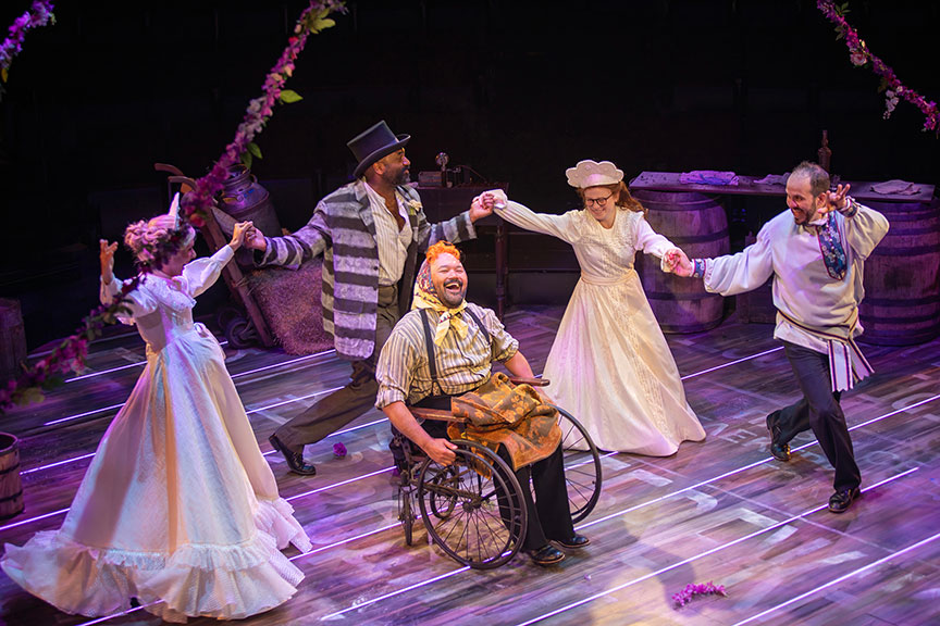 (from left) Orville Mendoza (center) with Stephanie Gibson, Nik Walker, Juliet Brett, and Vincent Randazzo in The Old Globe’s production of Crime and Punishment, A Comedy. Photo by Jim Cox.