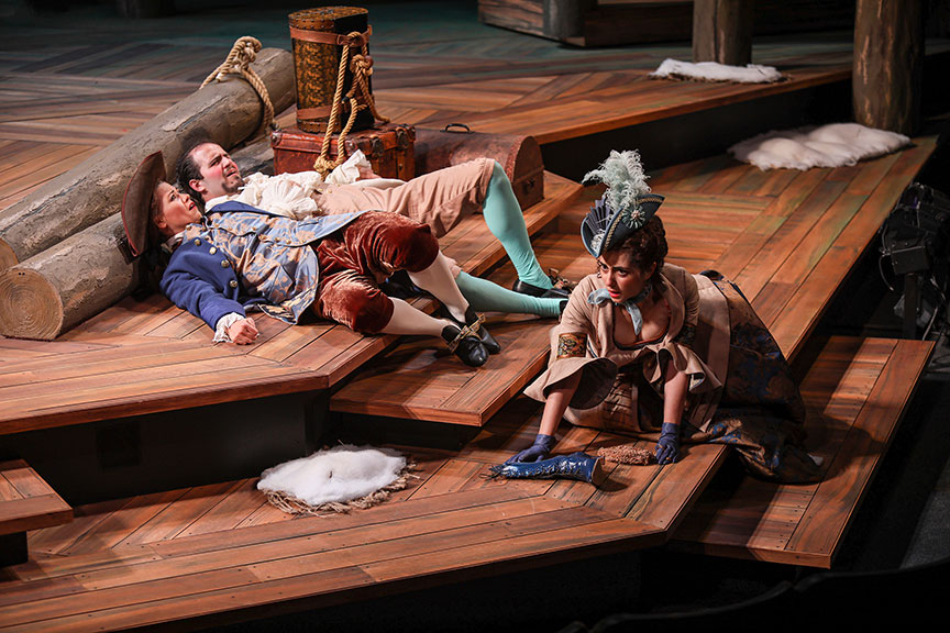 Meredith Garretson as Ganymede, Vincent Randazzo as Touchstone, and Nikki Massoud as Celia in As You Like It, by William Shakespeare, directed by Jessica Stone, running June 16 – July 21, 2019 at The Old Globe. Photo by Jim Cox.