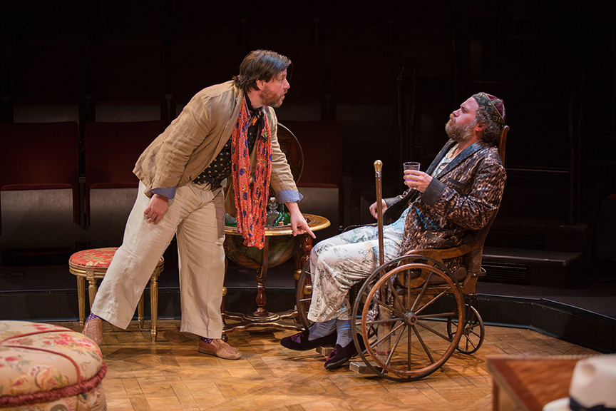 (from left) Paul L. Coffey appears as Béralde and Andy Grotelueschen appears as Argan in the world premiere adaptation of Molière’s The Imaginary Invalid, adapted by Fiasco Theater, running May 27 – June 25, 2017 at The Old Globe. Photo by Jim Cox.