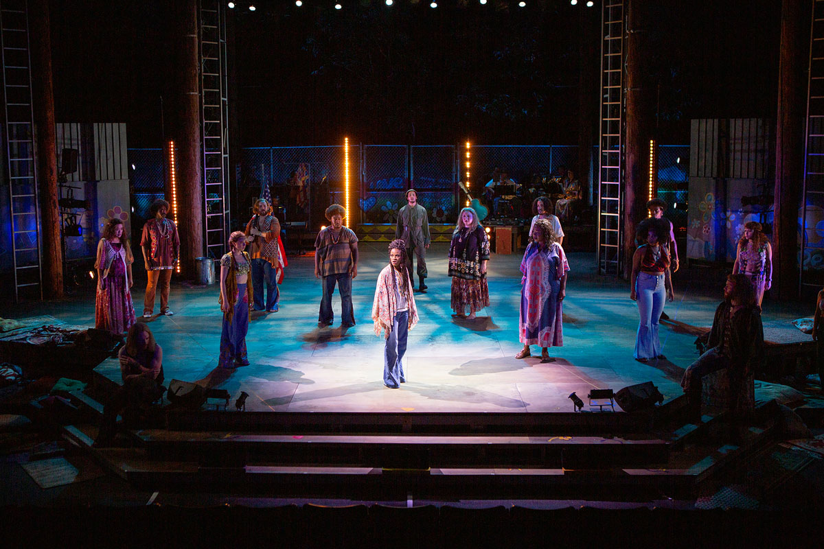 (center) Storm Lever as Sheila with the cast of Hair, 2021. Photo by Jim Cox.