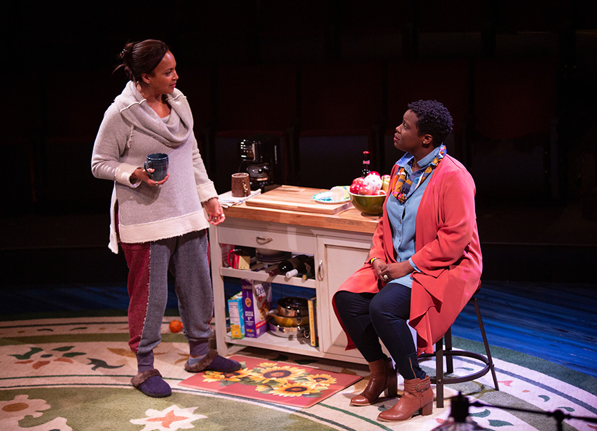 (from left) Opal Alladin as Sugar and Dorcas Sowunmi as Letter Writer #2 in Tiny Beautiful Things, runs February 9 – March 17, 2019 at The Old Globe. Photo by Jim Cox.