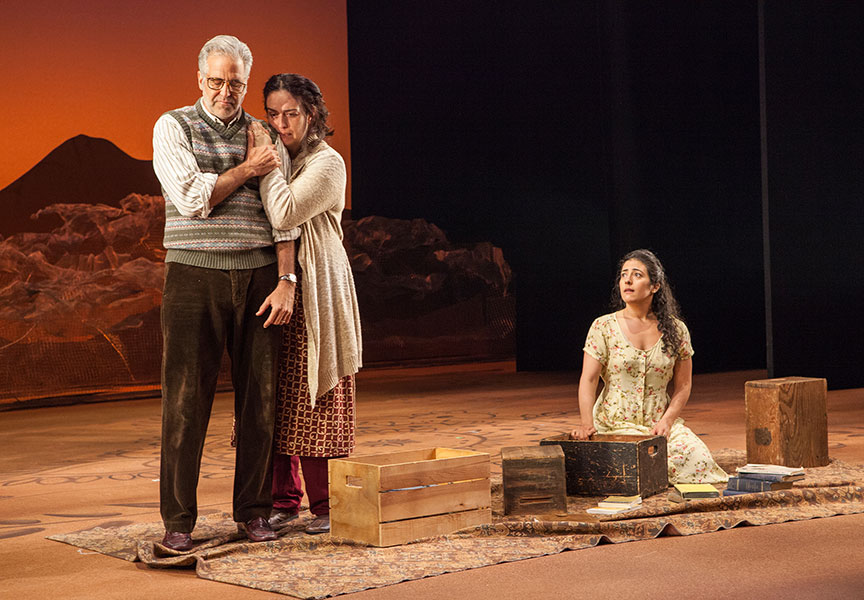 (from left) Joseph Kamal as Babi, Lanna Joffrey as Fariba, and Nadine Malouf as Laila in A Thousand Splendid Suns, written by Ursula Rani Sarma, based on the book by Khaled Hosseini, directed by Carey Perloff, and co-produced by American Conservatory Theater, runs May 12 – June 17, 2018 at The Old Globe. Photo by Jim Cox.