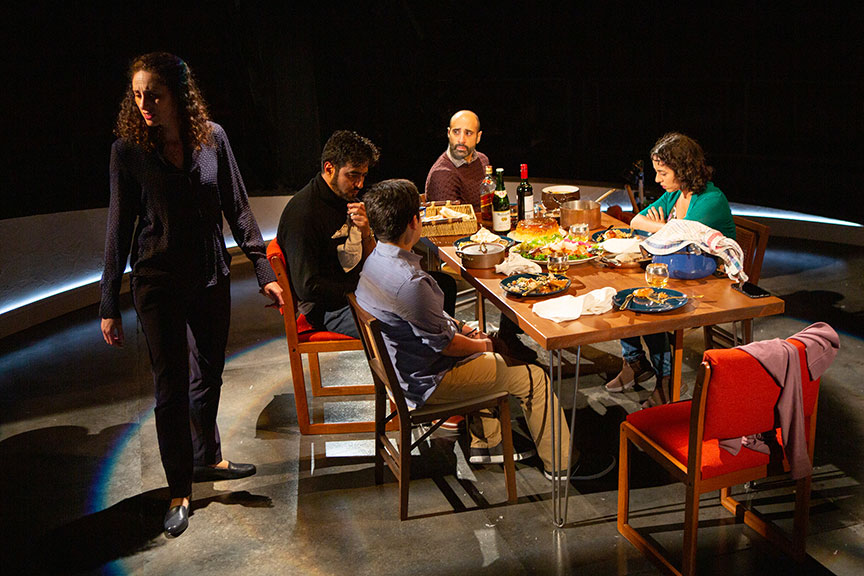 (from left) Lameece Issaq as Noura/Nora, Fajer Kaisi as Rafa'a, Giovanni Cozic as Yazen/Alex, Mattico David as Tareq/Tim, and Isra Elsalihie as Maryam. Noura, by Heather Raffo,  and directed by Johanna McKeon, runs September 20 – October 20, 2019 at The Old Globe. Photo by Jim Cox.