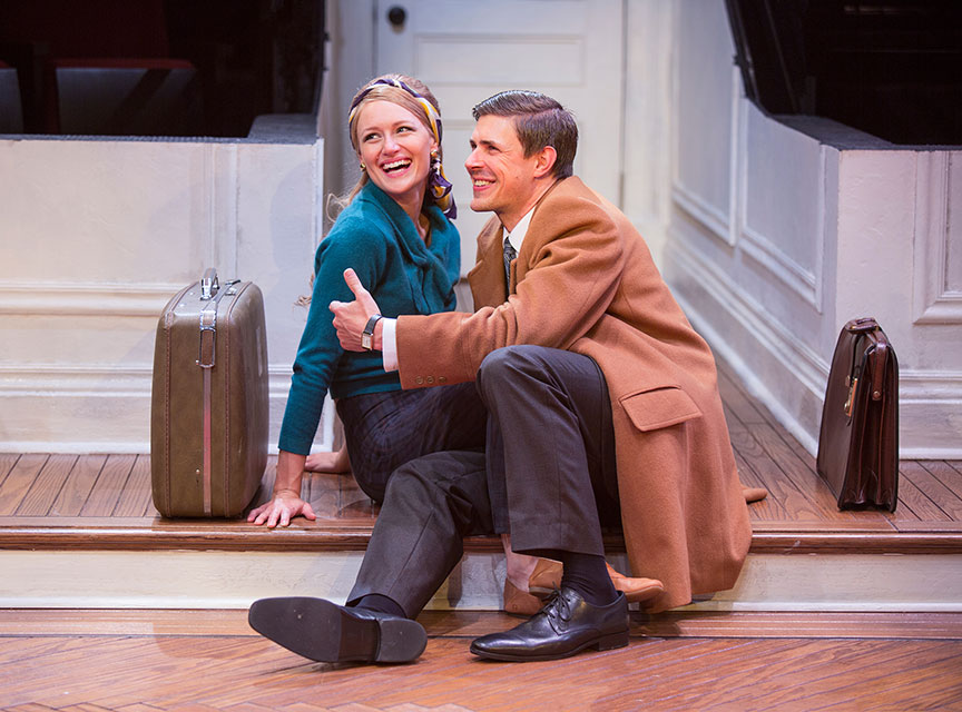 Kerry Bishé as Corie Bratter and Chris Lowell as Paul Bratter in Barefoot in the Park, by Neil Simon, directed by Jessica Stone, running July 28 - August 26, 2018 at The Old Globe. Photo by Jim Cox.