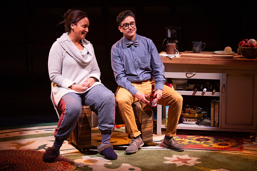 (from left) Opal Alladin as Sugar and Avi Roque as Letter Writer #3 in Tiny Beautiful Things, runs February 9 – March 17, 2019 at The Old Globe. Photo by Jim Cox.