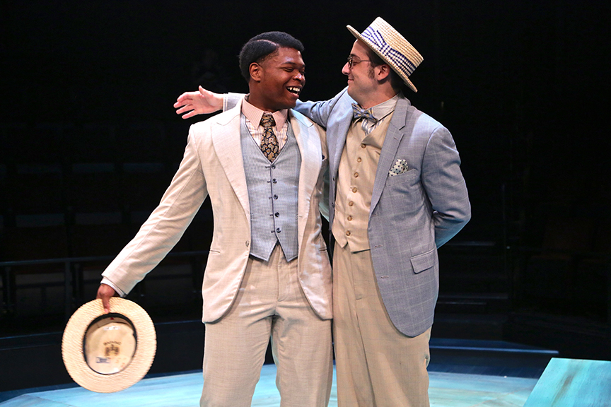 (from left) Amara James Aja as Valentine and Kevin Hafso-Koppman as Proteus in The Old Globe and University of San Diego Shiley Graduate Theatre Program production of William Shakespeare's The Two Gentlemen of Verona, directed by Richard Seer, November 12 - 20, 2016. Photo by Adriana Zuniga Photography.