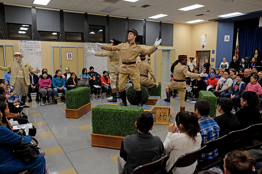 Cast members performing for the audience from South Bay Community Services at Castle Park Elementary School. The 2015 production of The Old Globe's touring program Globe for All, Shakespeare's Much Ado About Nothing, directed by Rob Melrose, tours community venues Nov. 10 - 22. Photo by Ken Jacques. 