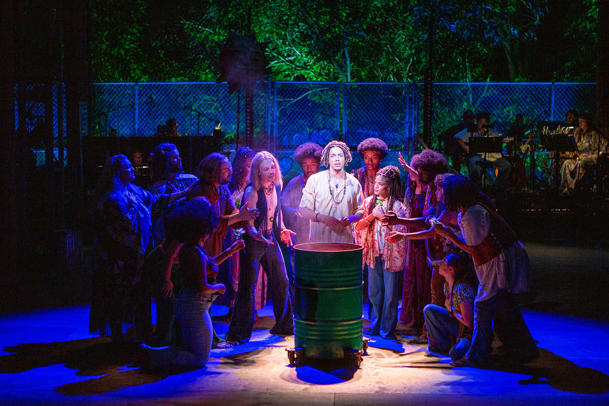 (center) Tyler Hardwick as Claude with the cast of Hair, 2021. Photo by Jim Cox.