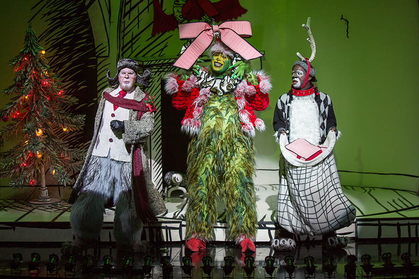 (from left) Steve Gunderson as Old Max, J. Bernard Calloway as The Grinch, and Tyrone Davis, Jr. as Young Max in Dr. Seuss’ How the Grinch Stole Christmas!, directed by James Vásquez, running Nov. 5 – Dec. 26, 2016 at The Old Globe. Photo by Jim Cox.