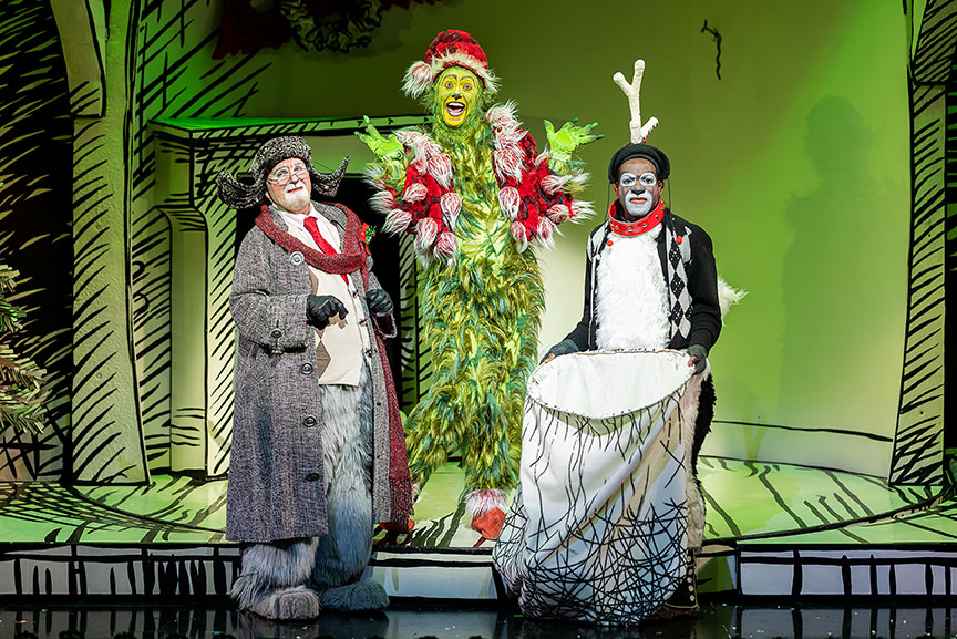 Steve Gunderson as Old Max, Andrew Polec as The Grinch, and Tyrone Davis, Jr. as Young Max  in Dr. Seuss's How the Grinch Stole Christmas!, 2022. Photo by Rich Soublet II.