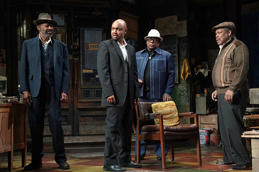 (from left) Anthony Chisholm as Fielding, Francois Battiste as Booster, Harvy Blanks as Shealy and Ray Anthony Thomas as Turnbo in August Wilson’s Jitney, directed by Ruben Santiago-Hudson, runs January 18 – February 23, 2020 at The Old Globe. Photo by Joan Marcus.