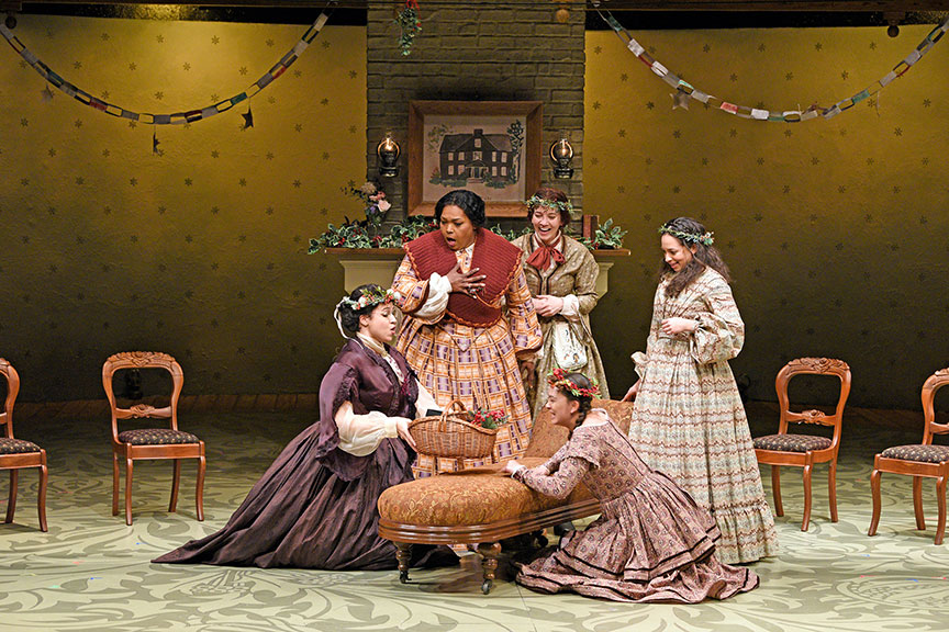(from left) Jennie Greenberry as Meg March, Liz Mikel as Marmie, Pearl Rhein as Jo March, Lilli Hokama as Amy March, and Maggie Thompson as Beth March. The West Coast premiere of Little Women by Kate Hamill, directed by Sarah Rasmussen, presented in association with Dallas Theater Center, runs March 14 – April 19, 2020 at The Old Globe. Photo by Karen Almond.