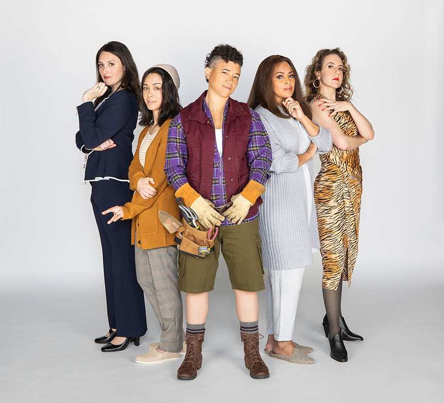 (from left) Liz Wisan appears as Carol Fleischer, Jennifer Paredes as Beth Wann, Rami Margron as Diane, Opal Alladin as Renee Shapiro-Epps, and Jenn Harris as Pam Annunziata in the West Coast premiere of Hurricane Diane by Madeleine George, directed by James Vásquez, February 8 – March 8, 2020 at The Old Globe. Photo by Jim Cox.