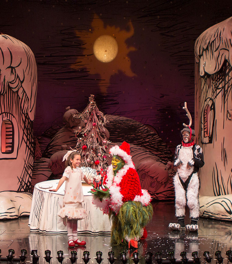 (from left) Mia Davila as Cindy-Lou Who, J. Bernard Calloway as The Grinch, and Tyrone Davis, Jr. as Young Max in Dr. Seuss’ How the Grinch Stole Christmas!, directed by James Vásquez, running Nov. 5 – Dec. 26, 2016 at The Old Globe. Photo by Jim Cox.