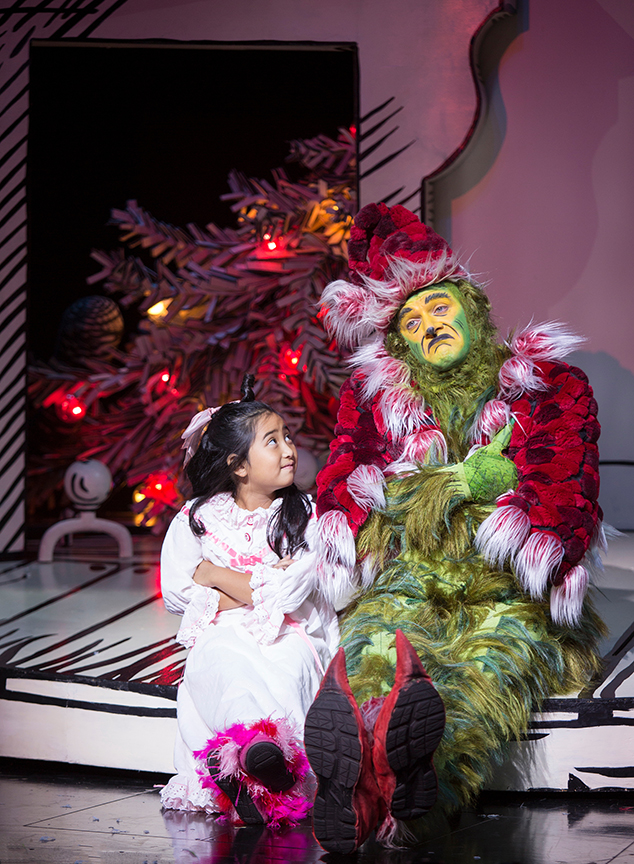 Abigail Estrella appears as Cindy-Lou Who and Edward Watts as The Grinch in Dr. Seuss's How the Grinch Stole Christmas!, book and lyrics by Timothy Mason, music by Mel Marvin, original production conceived and directed by Jack O'Brien, original choreography by John DeLuca, and directed by James Vásquez, running November 4 – December 24, 2017 at The Old Globe. Photo by Jim Cox.