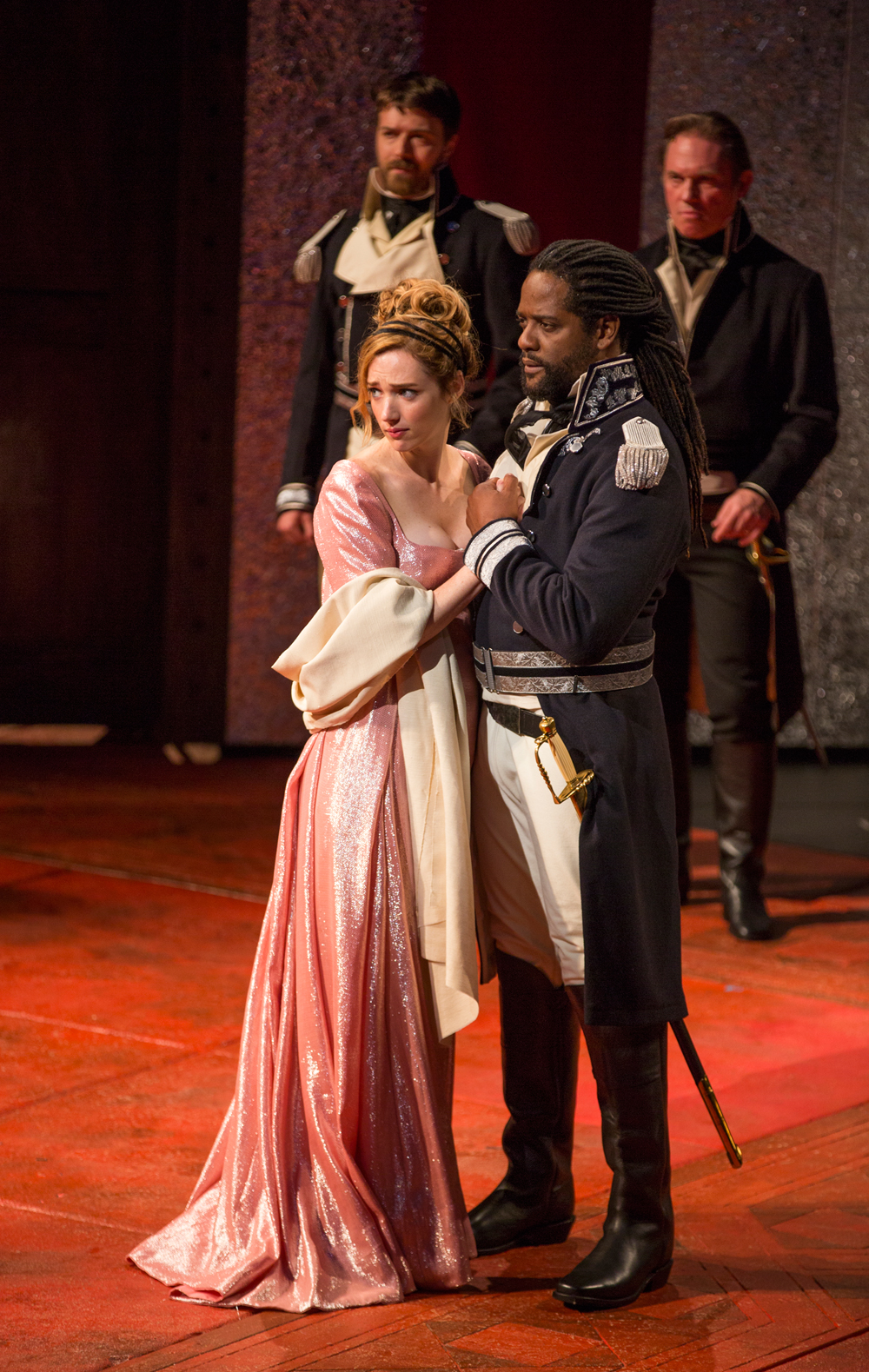 Kristen Connolly and Blair Underwood, with Noah Bean and Richard Thomas in The Old Globe's 2014 production of Othello, directed by Barry Edelstein. Photo by Jim Cox.