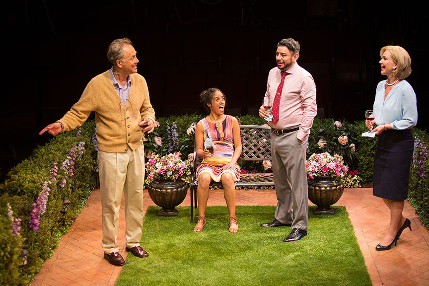 (from left) Mark Pinter as Frank Butley, Kimberli Flores as Tania Del Valle, Eddie Martinez as Pablo Del Valle, and Peri Gilpin as Virginia Butley in Native Gardens, written by Karen Zacarías, and directed by Edward Torres, running May 26 – June 24, 2018 at The Old Globe. Photo by Jim Cox.