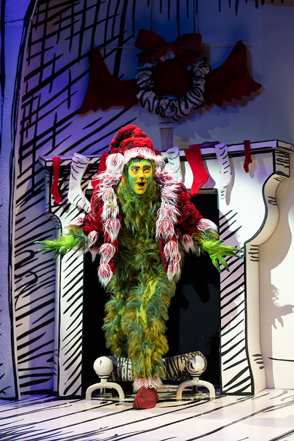 Andrew Polec as The Grinch in Dr. Seuss's How the Grinch Stole Christmas!, 2021. Photo by Rich Soublet II.