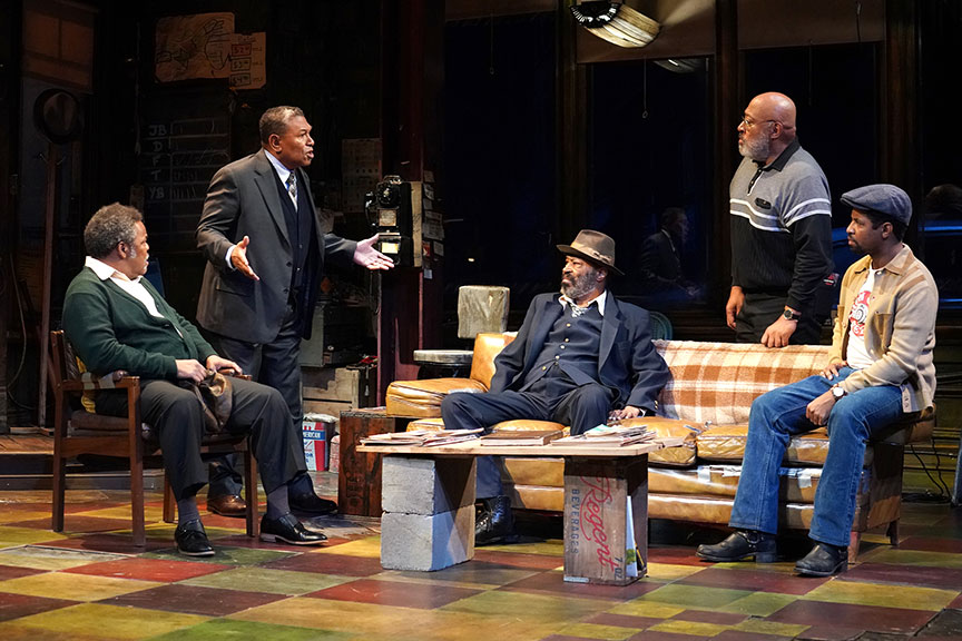 (from left) Ray Anthony Thomas as Turnbo, Steven Anthony Jones as Becker, Anthony Chisholm as Fielding, Keith Randolph Smith as Doub and Amari Cheatom as Youngblood in August Wilson’s Jitney, directed by Ruben Santiago-Hudson, runs January 18 – February 23, 2020 at The Old Globe. Photo by Joan Marcus.