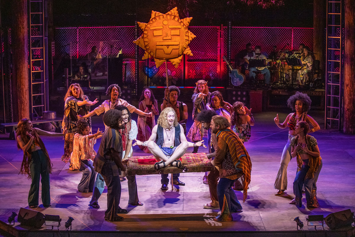 (center) Andrew Polec as Berger with the cast of Hair, 2021. Photo by Jim Cox.