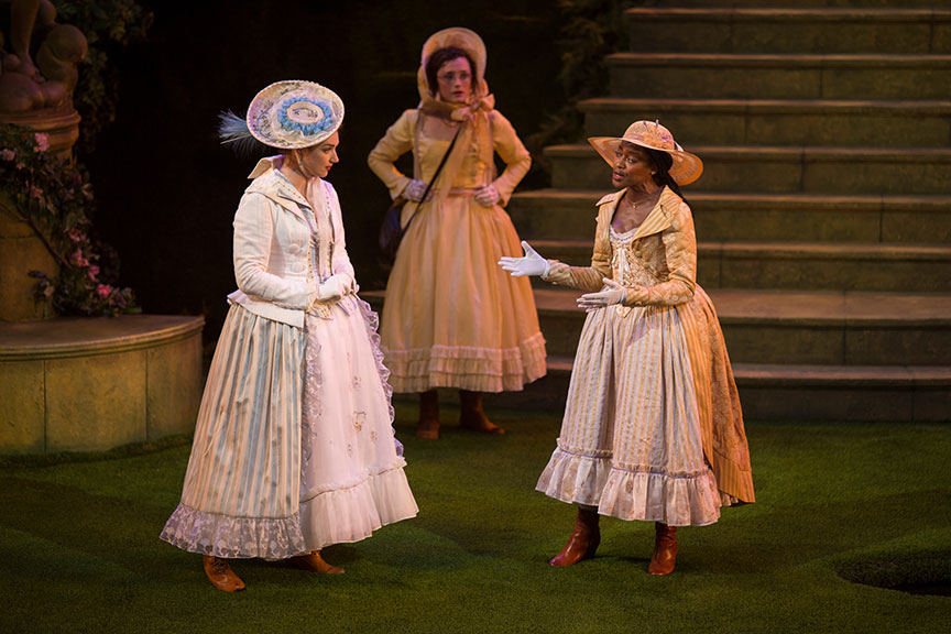(from left) Kristen Connolly as Princess of France, Talley Beth Gale as Katherine, and Pascale Armand as Rosaline in William Shakespeare's Love's Labor's Lost, directed by Kathleen Marshall, running August 14 - September 18, 2016 at The Old Globe. Photo by Jim Cox.