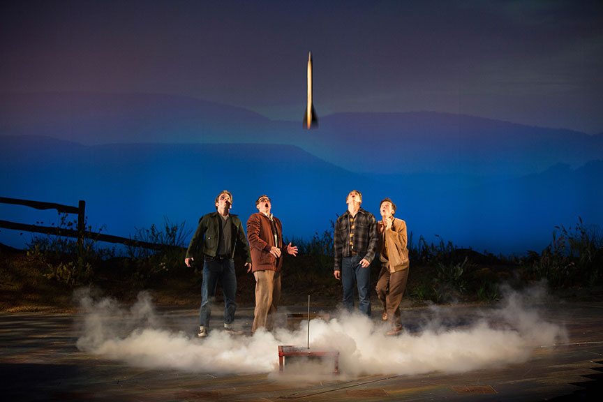 (from left) Patrick Rooney as Roy Lee, Connor Russell as Quentin, Kyle Selig as Homer Hickam, and Austyn Myers as O'Dell in the West Coast premiere of October Sky, with book by Brian Hill and Aaron Thielen, music and lyrics by Michael Mahler, directed and choreographed by Rachel Rockwell, inspired by the Universal Pictures film and Rocket Boys by Homer H. Hickam, Jr., running Sept. 10 - Oct. 23, 2016 at The Old Globe. Photo by Jim Cox.