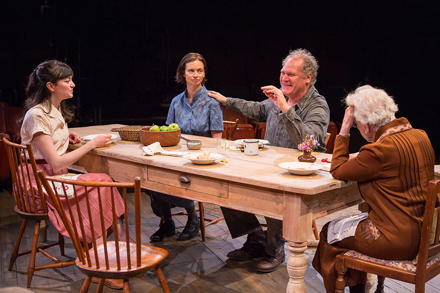(from left) Celeste Arias as Eléna, Yvonne Woods as Sónya, Jay O. Sanders as Ványa, and Roberta Maxwell as Márya in Uncle Vanya, translated by Richard Pevear and Larissa Volokhonsky, directed and translated by Richard Nelson, running February 10 – March 11, 2018 at The Old Globe. Photo by Jim Cox.