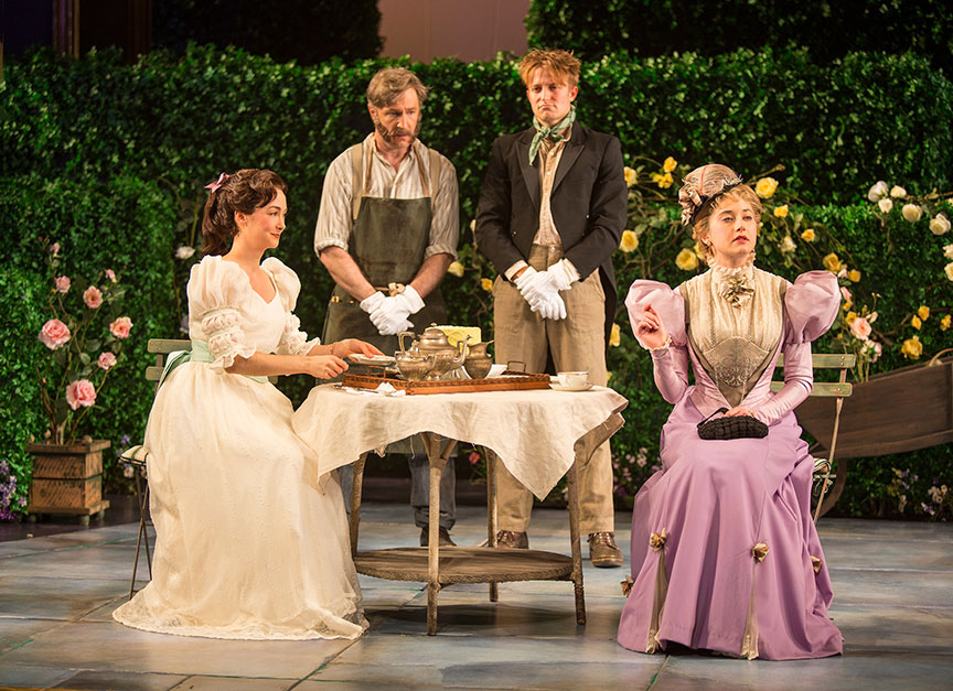 (from left) Helen Cespedes as Cecily Cardew, Daniel Harray as Moulton, Sam Avishay as Merriman, and Kate Abbruzzese as The Hon. Gwendolen Fairfax in The Importance of Being Earnest, by Oscar Wilde, directed by Maria Aitken, running January 27 – March 4, 2018 at The Old Globe. Photo by Jim Cox.
