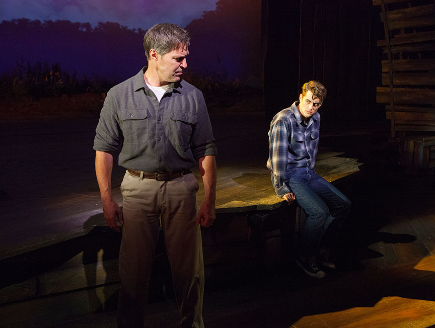 (from left) Ron Bohmer as John Hickam and Kyle Selig as Homer Hickam in the West Coast premiere of October Sky, with book by Brian Hill and Aaron Thielen, music and lyrics by Michael Mahler, directed and choreographed by Rachel Rockwell, inspired by the Universal Pictures film and Rocket Boys by Homer H. Hickam, Jr., running Sept. 10 - Oct. 23, 2016 at The Old Globe. Photo by Jim Cox.