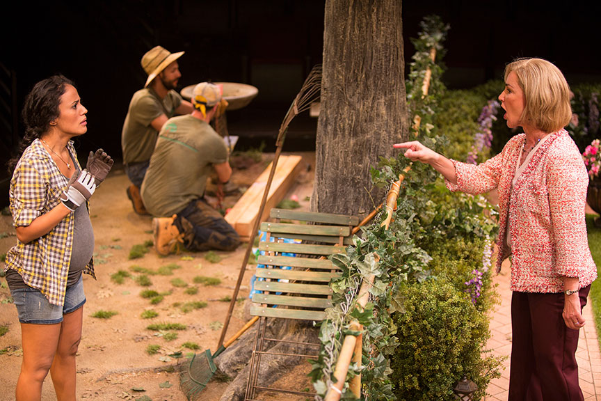 (from left) Kimberli Flores as Tania Del Valle, Alexander Guzman as Gardener, Jose Ballistrieri as Gardener, and Peri Gilpin as Virginia Butley in Native Gardens, written by Karen Zacarías, and directed by Edward Torres, running May 26 – June 24, 2018 at The Old Globe. Photo by Jim Cox.