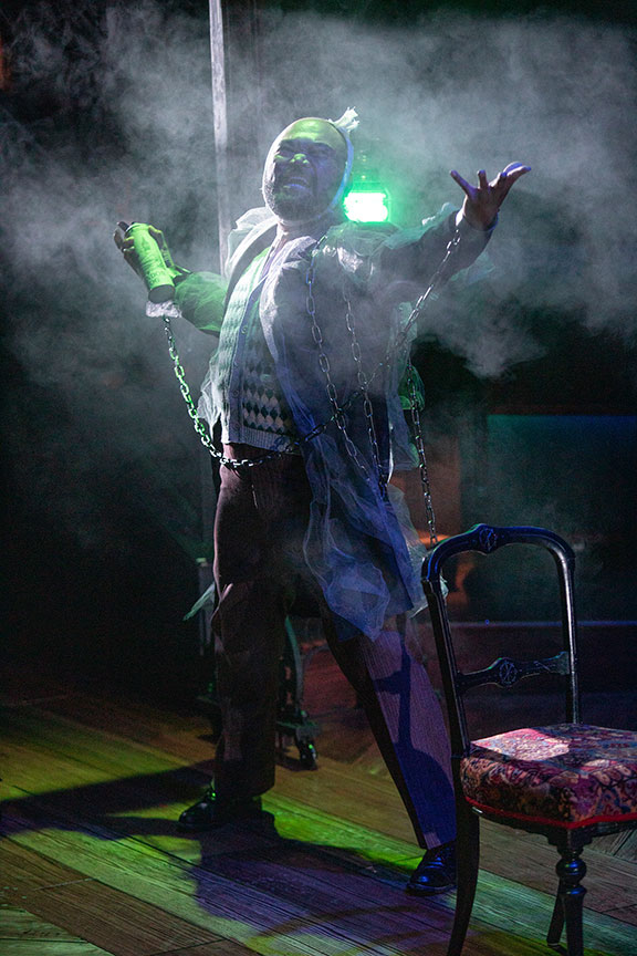 Orville Mendoza as Jacob Marley in Ebenezer Scrooge's BIG San Diego Christmas Show, running November 23 – December 29, 2019 at The Old Globe. Photo by Jim Cox.