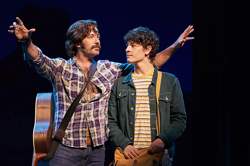 (from left) Colin Donnell as Russell Hammond and Casey Likes as William Miller. Almost Famous, a world-premiere musical with book and lyrics by Cameron Crowe, based on the Paramount Pictures and Columbia Pictures motion picture written by Cameron Crowe, directed by Jeremy Herrin, with original music and lyrics by Tom Kitt, runs September 13 – October 27, 2019 at The Old Globe. Photo by Neal Preston.