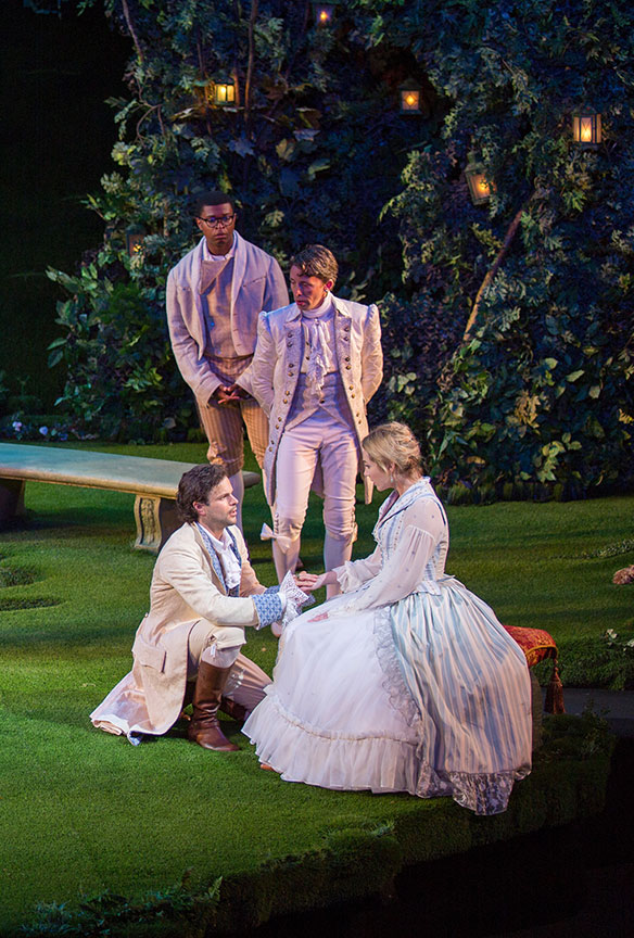 (clockwise from bottom left) Jonny Orsini as Ferdinand, King of Navarre, Amara James Aja as Dumaine, Kevin Cahoon as Boyet, and Kristen Connolly as Princess of France in William Shakespeare's Love's Labor's Lost, directed by Kathleen Marshall, running August 14 - September 18, 2016 at The Old Globe. Photo by Jim Cox.