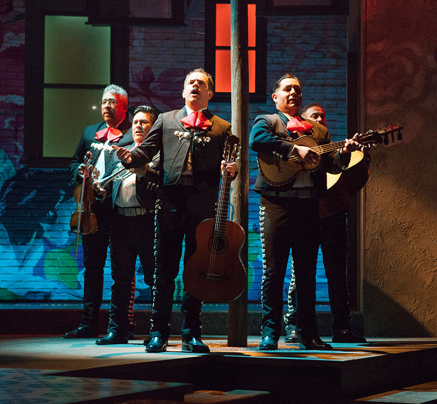 (from left) Tom Tinoco, Fernando Guadalupe Zarate Hernandez, Bobby Plasencia, Erick Jiminez, and Ruben Marin in American Mariachi, written by José Cruz González, directed by James Vásquez, in association with Denver Center for the Performing Arts Theatre Company, running March 23 – April 29, 2018 at The Old Globe. Photo by Jim Cox.