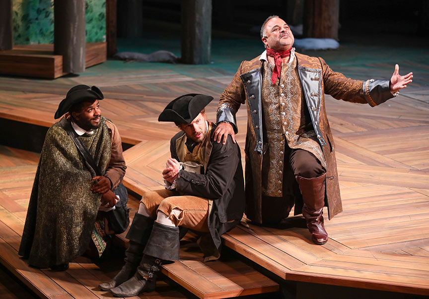 Jersten Seraile as Sir Oliver Martext, Jared Van Heel as William, and Cornell Womack as Duke Senior in As You Like It, by William Shakespeare, directed by Jessica Stone, running June 16 – July 21, 2019 at The Old Globe. Photo by Jim Cox.