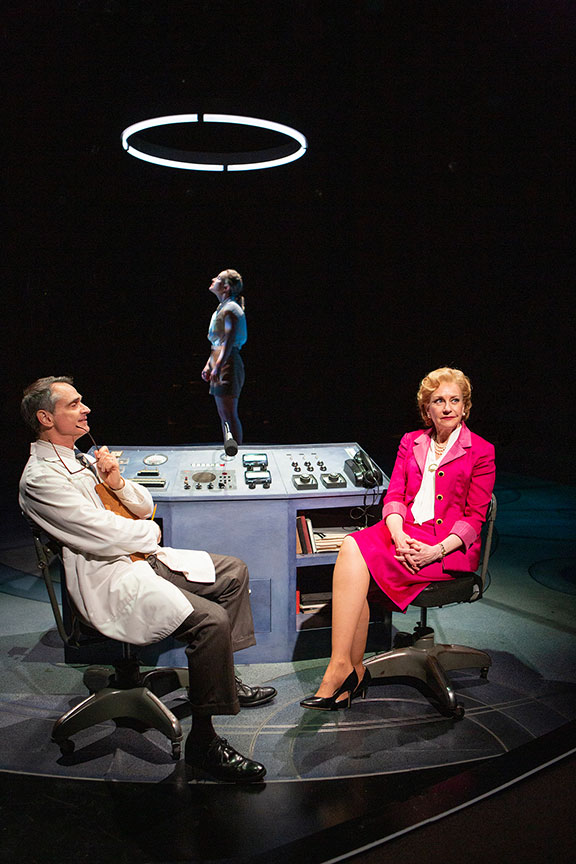Matthew Boston as Dr. Randy Lovelace, Morgan Hallett as Jerrie Cobb, and Mary Beth Fisher as Jackie Cochran in They Promised Her the Moon, running April 6 – May 12, 2019 at The Old Globe. Photo by Jim Cox.