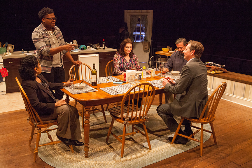 (from left) Liza Colón-Zayas as Amanda Garcia, Amara James Aja as Howard Harper, Antoinette LaVecchia as Diana Garcia, Frank Pando as Alex Garcia, and Stephen Barker Turner as Drew Davis in the world premiere of The Blameless, by Nick Gandiello, directed by Gaye Taylor Upchurch, running February 23 - March 26, 2017 at The Old Globe. Photo by Jim Cox.