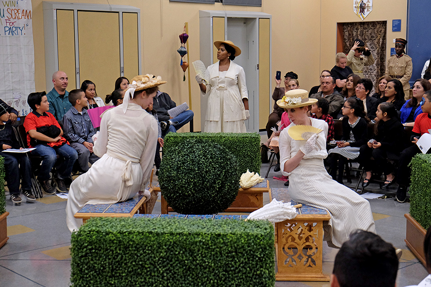 (from left) Charlotte Bydwell as Hero, Monique Gaffney as Beatrice, and Lindsay Brill as Margaret performing for the audience from South Bay Community Services at Castle Park Elementary School. The 2015 production of The Old Globe's touring program Globe for All, Shakespeare's Much Ado About Nothing, directed by Rob Melrose, tours community venues Nov. 10 - 22. Photo by Ken Jacques. 