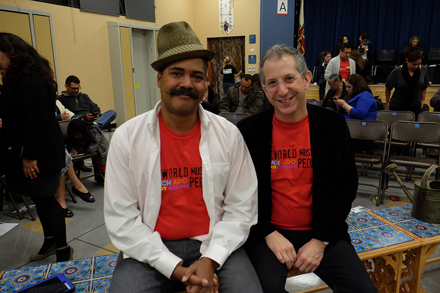 (from left) Director of Arts Engagement Freedome Bradley-Ballentine and Artistic Director Barry Edelstein at a Globe for All performance for South Bay Community Services at Castle Park Elementary School. The 2015 production of The Old Globe's touring program Globe for All, Shakespeare's Much Ado About Nothing, directed by Rob Melrose, tours community venues Nov. 10 - 22. Photo by Ken Jacques. 