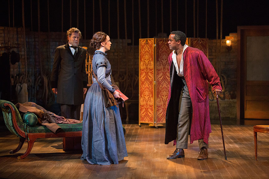 (from left) Mark Pinter as Terence, Amelia Pedlow as Halina Wozniak, and Albert Jones as Ira Aldridge in Lolita Chakrabarti’s Red Velvet, directed by Stafford Arima, running March 25 – April 30, 2017 at The Old Globe. Photo by Jim Cox.