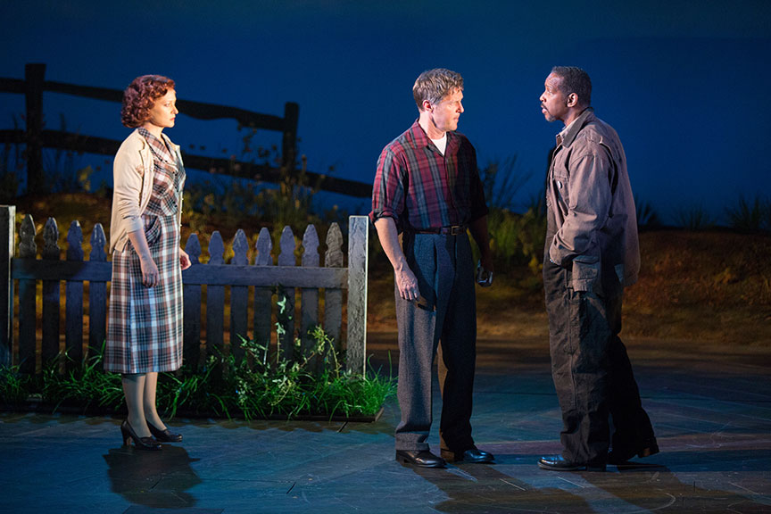 (from left) Kerry O'Malley as Elsie Hickam, Ron Bohmer as John Hickam, and Kevyn Morrow as Ken Dubbonet in the West Coast premiere of October Sky, with book by Brian Hill and Aaron Thielen, music and lyrics by Michael Mahler, directed and choreographed by Rachel Rockwell, inspired by the Universal Pictures film and Rocket Boys by Homer H. Hickam, Jr., running Sept. 10 - Oct. 23, 2016 at The Old Globe. Photo by Jim Cox.
