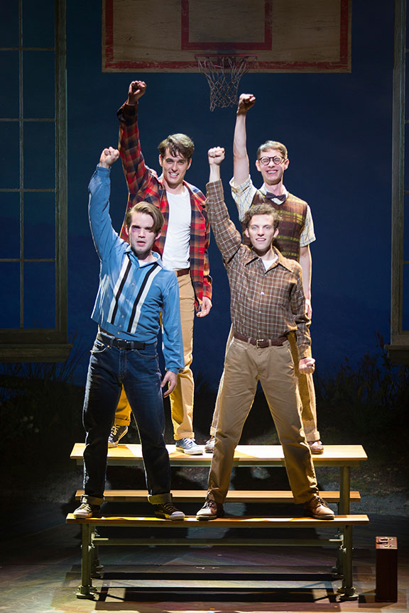 (clockwise from top left) Kyle Selig as Homer Hickam, Connor Russell as Quentin, Austyn Myers as O'Dell, and Patrick Rooney as Roy Lee in the West Coast premiere of October Sky, with book by Brian Hill and Aaron Thielen, music and lyrics by Michael Mahler, directed and choreographed by Rachel Rockwell, inspired by the Universal Pictures film and Rocket Boys by Homer H. Hickam, Jr., running Sept. 10 - Oct. 23, 2016 at The Old Globe. Photo by Jim Cox.