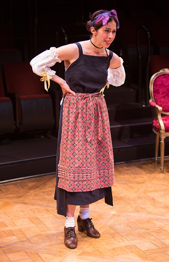 Emily Young as Toinette in the world premiere adaptation of Molière’s The Imaginary Invalid, adapted by Fiasco Theater, running May 27 – June 25, 2017 at The Old Globe. Photo by Jim Cox.